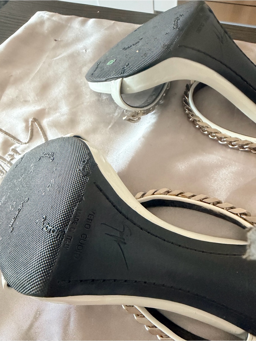 Giuseppe Zanotti White and Black Chain-Strap Stiletto Sandals - Picture 7 of 8